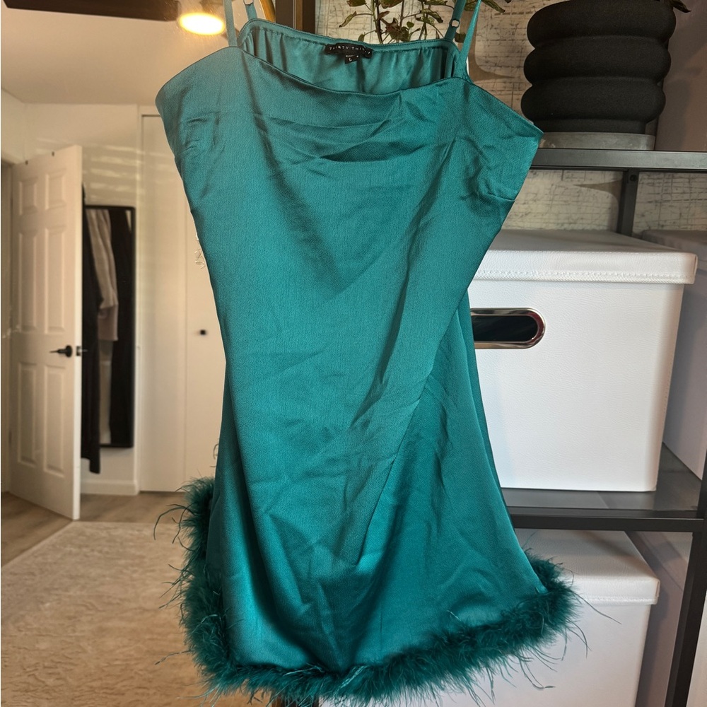 Aqua Satin Mini Dress with Feather Trim